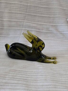 Vintage Green Blown Glass Rabbit Figurine Paperweight Bunny Olive Avocado